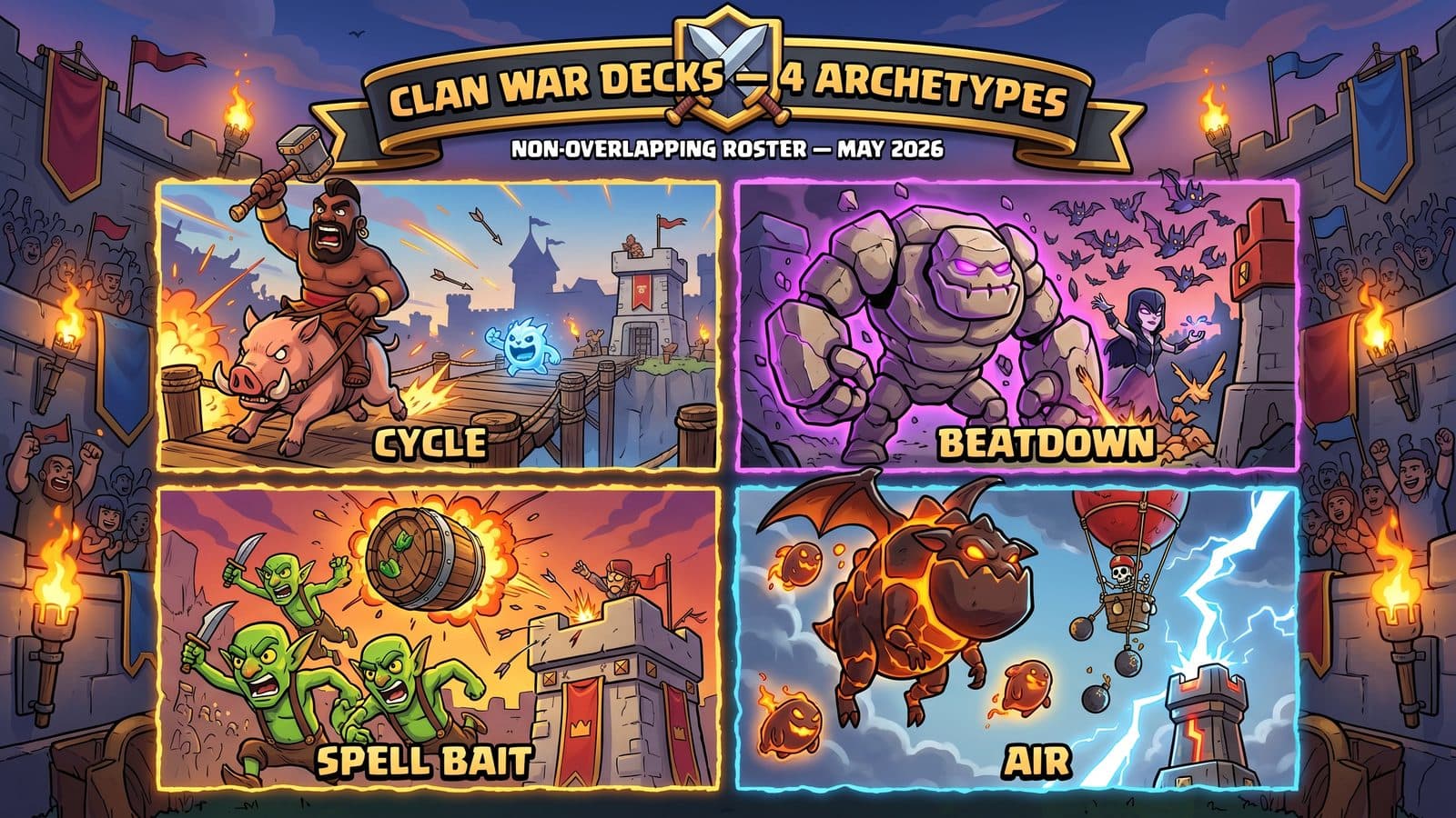 Best Clan War Decks by Archetype — 4 Non-Overlapping Builds (May 2026)