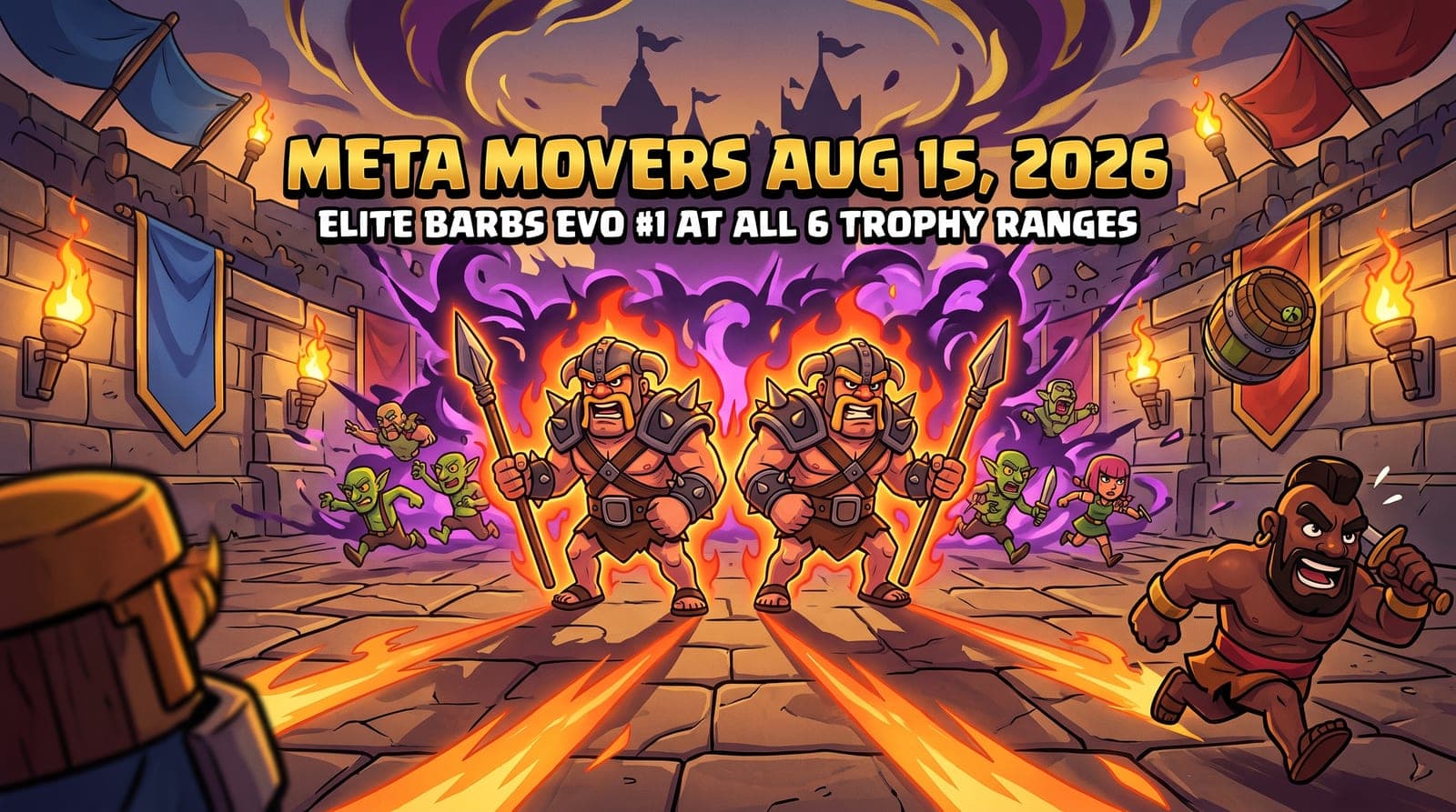 Clash Royale Meta Movers (Aug 15, 2026): Elite Barbarians Evolution Is #1 Use Gainer at All 6 Trophy Ranges — 67.3% WR at 5K-6K (n=3,801), 57.7% at 8K-9K; Mega Knight Drops −1.17pp at 6K-7K; 464,232 Battles